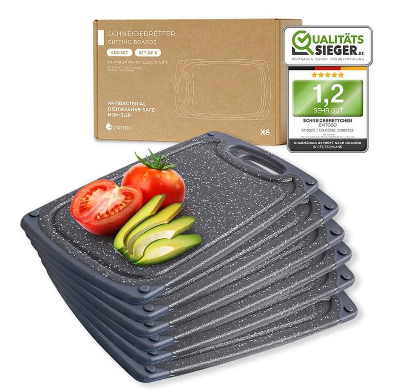 Exitoso Schneidebrett 6er-Set spülmaschinenfest mit Saftrille, Kunststoff, (6-St), Brotzeitbrett Frühstücksbrettchen Brot Obst Steak rutschfest von Exitoso
