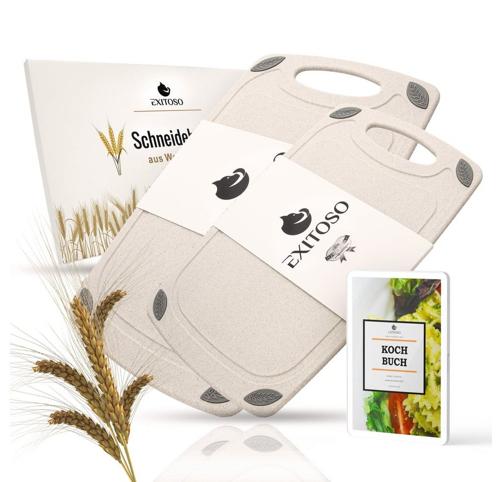 Exitoso Schneidebrett aus PP-Material & Weizenstroh spülmaschinenfest mit Saftrille, Holz, (2-St), Brotzeitbrett Frühstücksbrettchen Brot Obst Steak rutschfest von Exitoso