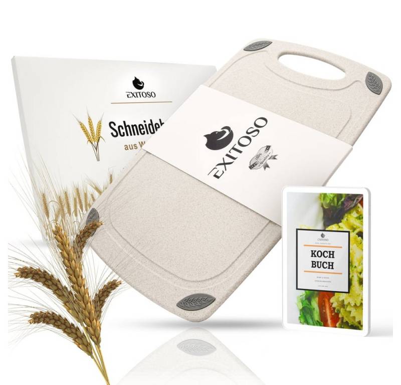 Exitoso Schneidebrett spülmaschinenfest mit Saftrille,  aus PP-Material & Weizenstroh, Kunststoff, (1-St), Brotzeitbrett Frühstücksbrettchen Brot Obst Steak rutschfest von Exitoso