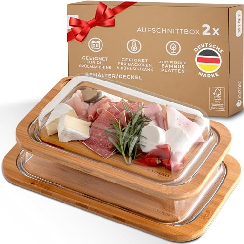 Exitoso Servierbrett Holz Aufschnittboxen für Kühlschrank Glas 2er Set Stapelbar - Käseglocke Wurstbox Frischhaltedosen Käse Aufbewahrung Wurstdose - Frischhaltebox von Exitoso