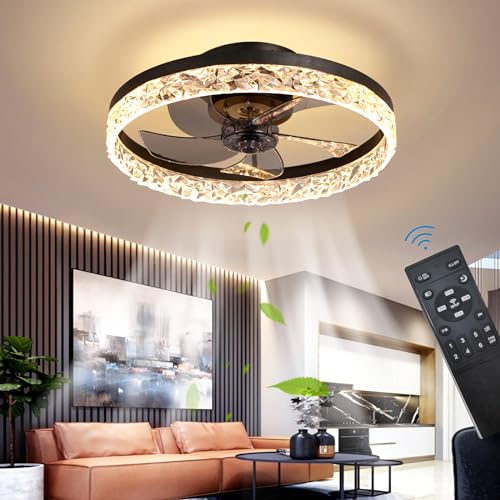Exlafi Stumm Deckenventilatoren mit Beleuchtung Fernbedienung, Modern Ventilator Deckenleuchte LED Dimmbar Deckenventilatorlampen für Schlafzimmer Wohnzimmer, Ventilator umkehrbar (Schwarz, 50CM) von Exlafi
