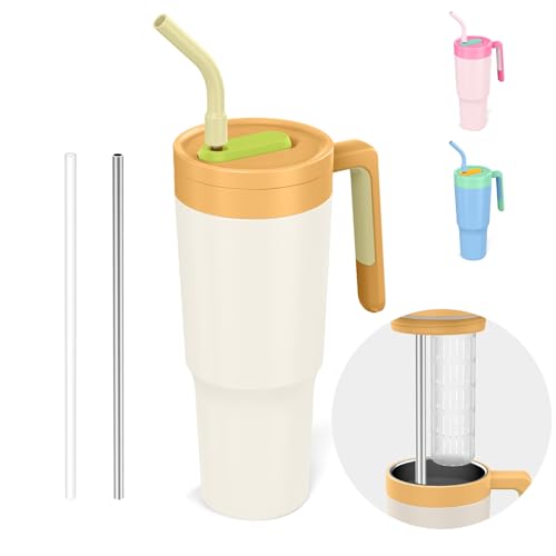 Exllena 40OZ Trinkbecher mit Deckel und Strohhalm - Premium Thermobecher mit Strohhalm - 100% auslaufsicher, mit Früchtebehälter, Lange Wärmeerhaltung - Reis-Weiß von Exllena