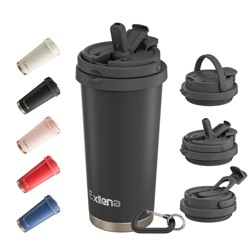 Exllena Reisebecher – Isolierter Kaffeebecher 500 ml mit 3-in-1-Deckel – 100 % auslaufsicherer Kaffeebecher mit Griff und Clip, perfekt für Reisen, Büro und Outdoor-Aktivitäten (schwarz) von Exllena