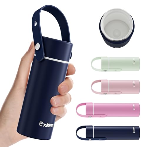 Exllena Trinkflasche Klein 200ml mit Keramikbeschichtung - Mini Thermosflasche mit Verstellbarer Silikon-Griff - 100% Auslaufsicher - Ideal für Kohlensäure, Kaffee, Milch & Saft(Dunkelblau) von Exllena