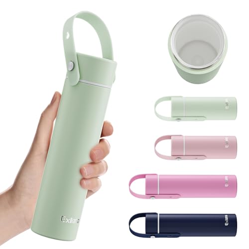 Exllena Trinkflasche Klein 300ml mit Keramikbeschichtung - Mini Thermosflasche mit Verstellbarer Silikon-Griff - 100% Auslaufsicher - Ideal für Kohlensäure, Kaffee, Milch & Saft(Mintgrüne) von Exllena