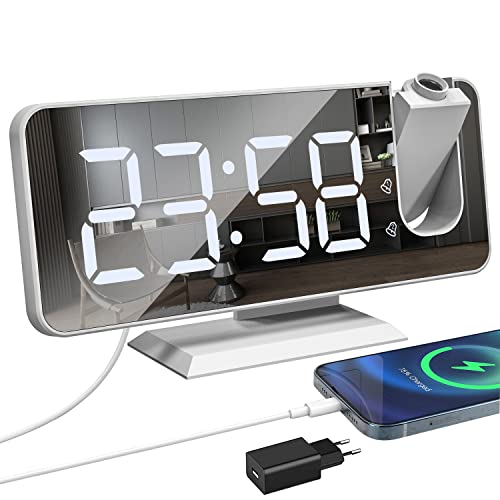 Exmate Projektionswecker, Digital Wecker mit Projektion, USB-Ladeanschluss, 7.5'' großes Spiegel-LED-Spiegelbildschirm, Snooze Dual-Alarm, Einstellbare Helligkeit (Weiß mit Adapter) von Exmate