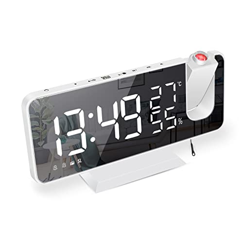 Wecker mit Projektion Radiowecker-Digitaler Projektionswecker mit USB-Anschluss, 7.5 Zoll großes Spiegel-LED-Display,Snooze Dual-Alarm,FM Radio,4 Displayhelligkeit mit automatische Dimmfunktion（Weiß） von Exmate