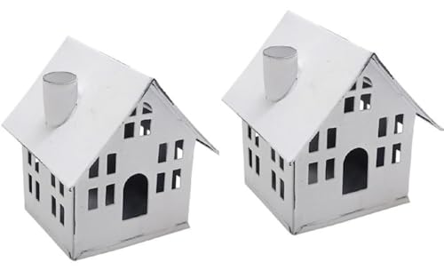 dekorative kleine Tisch - Laterne aus Metall in Haus-Form Shabby weiß im 2-er Set von Exner