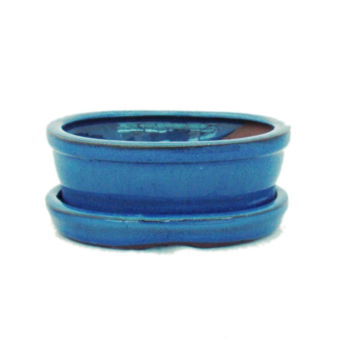 Exotenherz Pflanzschale Bonsai-Schale mit Unterteller Gr. 1 Blau oval Modell O7 L 12cm von Exotenherz