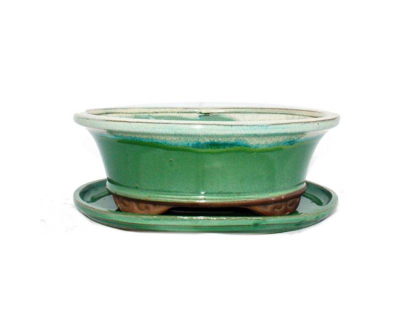 Exotenherz Pflanzschale Bonsai-Schale mit Unterteller Gr. 4 - grün/beige - oval O4 - L 26cm von Exotenherz