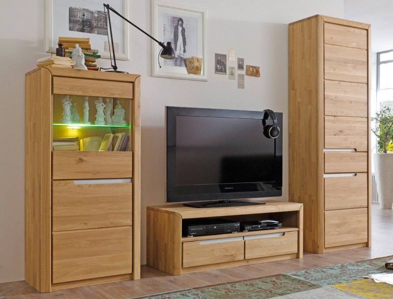 expendio Wohnwand Pisa 25, (Spar-Set, 3-St), Eiche bianco massiv montiert mit Glaskantenbeleuchtung und Softclose von Expendio