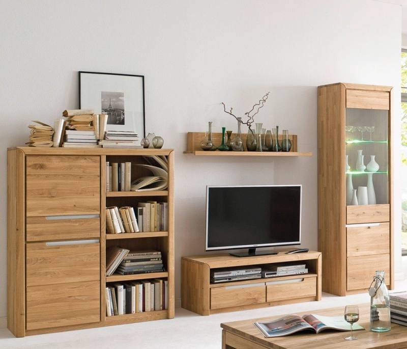 expendio Wohnwand Pisa 29, (Spar-Set, 4-St), Eiche bianco massiv montiert mit Glaskantenbeleuchtung und Softclose von Expendio
