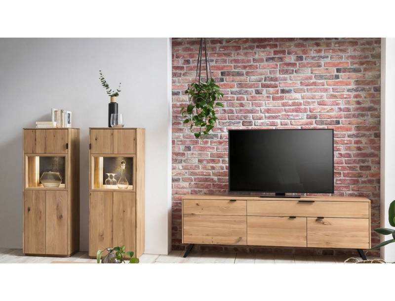 expendio Wohnwand Porto 22, (Spar-Set, 3-St), Eiche bianco massiv 300x140x45 cm mit Steinrückwand und Beleuchtung von Expendio