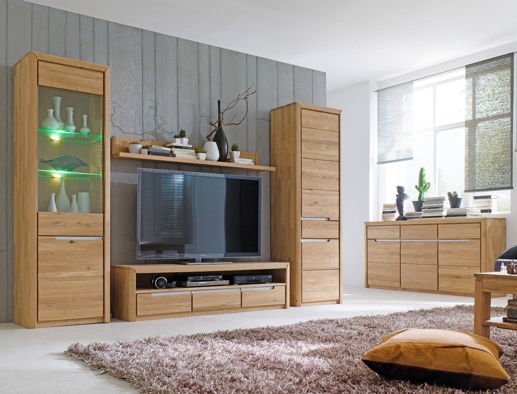 expendio Wohnzimmer-Set Pisa 53, (Spar-Set, 5-St), Eiche bianco massiv montiert mit Glaskantenbeleuchtung und Softclose von Expendio