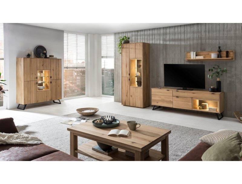 expendio Wohnzimmer-Set Porto 30, (Spar-Set, 5-St), Eiche bianco massiv mit Steinrückwand und Beleuchtung von Expendio
