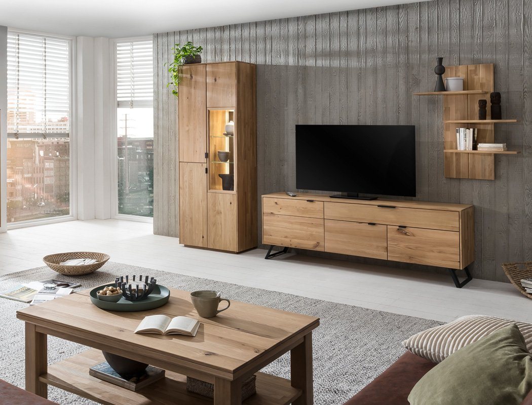 expendio Wohnzimmer-Set Porto 33, (Spar-Set, 4-St), Eiche bianco massiv mit Beleuchtung von Expendio