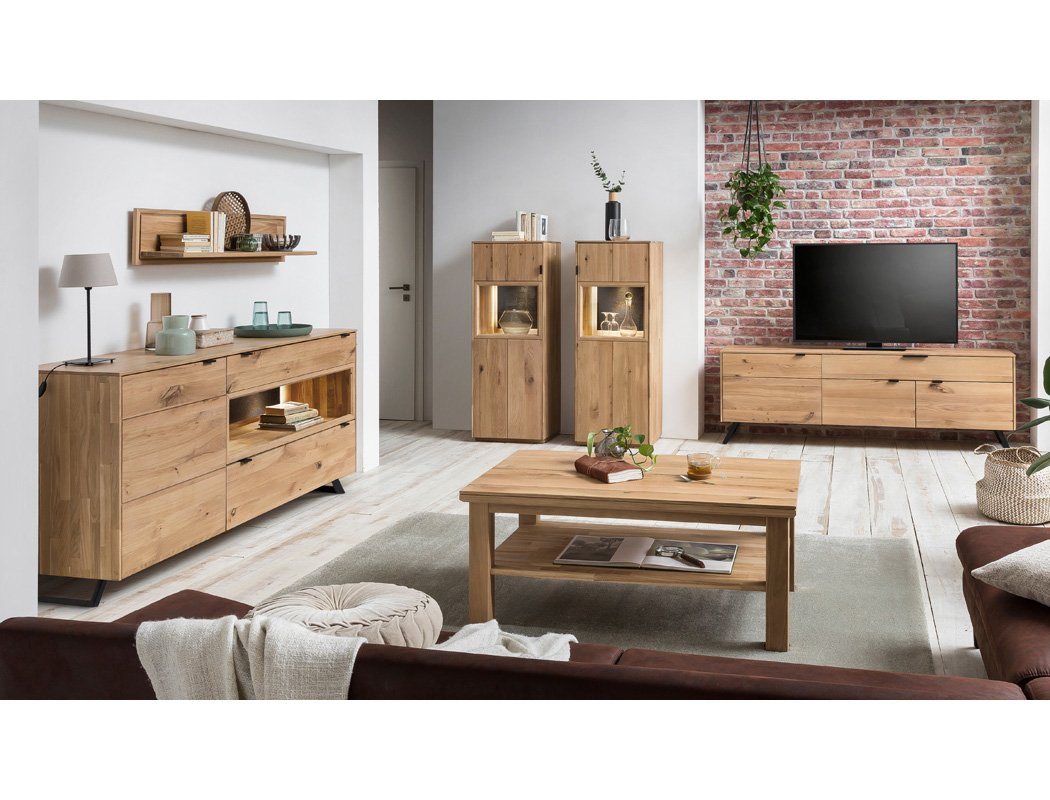 expendio Wohnzimmer-Set Porto 34, (Spar-Set, 6-St), Eiche bianco massiv mit Steinrückwand und Beleuchtung von Expendio