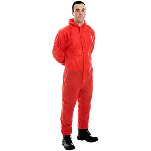 Einweg-SMS Overall CAT 3 Typ 5/6 Kapuzen Overall Schutzanzug Boilersuit Hygiene Farbe, rot, L von Expert Workwear