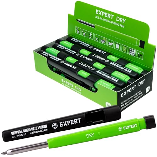 EXPERT DRY 10x All-in-One Markierstifte inkl. Graphitmine | Nachfüllbarer Tieflochmarker mit Minenautomatik | Vielseitig auf Holz, Glas, Metall | Zimmermannsbleistift mit integriertem Spitzer von EXPERT
