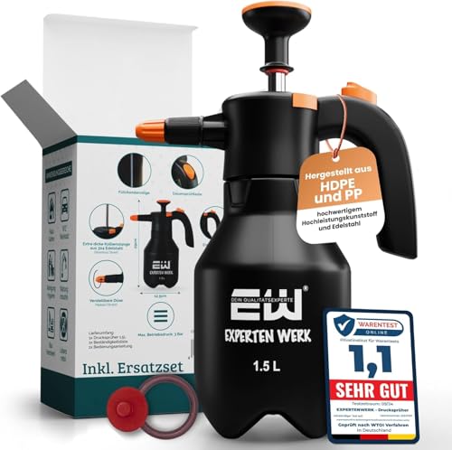 ExpertenWerk Drucksprüher 1,5L |Hochleistungs- & Präziser Pumpsprüher mit Sicherheitsventil & verstellbarer Düse | Auslaufsichere Pumpsprühflasche, Pumpflasche für KFZ, Haus, Garten & Reinigungsmittel von Experten Werk
