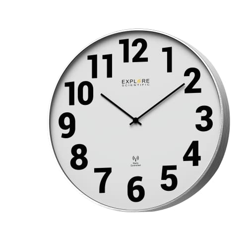 Explore Scientific RAC1003 Wanduhr Durchmesser 25 cm, Funkgesteuert, präzises Uhrwerk, Keine Anpassung erforderlich, zeitgemäßes Design, mit Zahlen, Metall, Weiß von Explore Scientific
