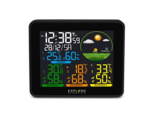 Explore Scientific Wetterstation Funk mit Außensensor, Farbdisplay, Wettervorhersage, DCF Funksignal und 3 Außensensoren von Explore Scientific