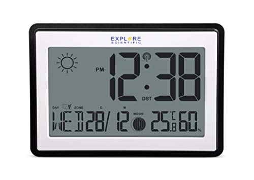 Explore Scientific große Funk-Wetteruhr für Wand und Tisch mit DCF Funkuhr, Thermometer und Hygrometer, schwarz, Large, RDC8002CM3000 von Explore Scientific