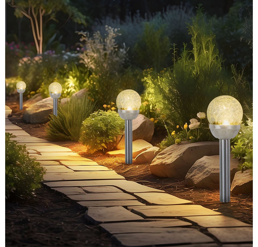 Expo Börse LED Solarleuchte, LED-Leuchtmittel fest verbaut, LED Solarleuchte Gartenlampe Erdspieß Glaskugel H 34,5 cm 4er Set von Expo Börse