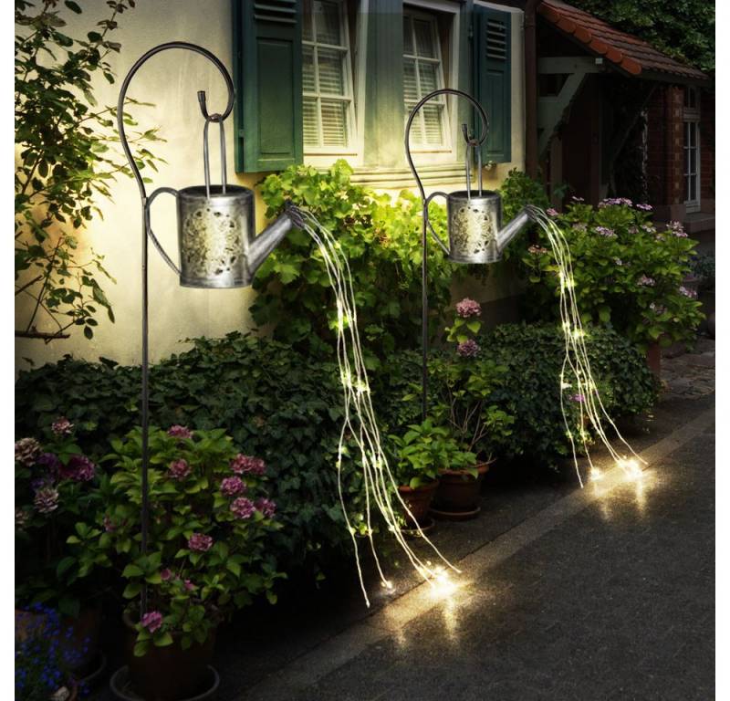 Expo Börse LED Solarleuchte, LED-Leuchtmittel fest verbaut, Warmweiß, Solarlampe Steckleuchte Gießkanne LED Außenleuchte Garten Erdspieß 2x von Expo Börse