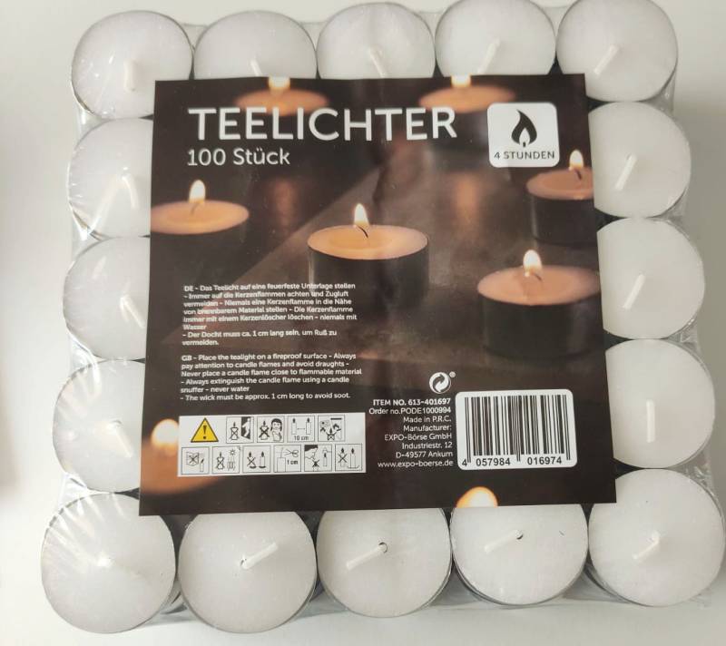 Expo Börse Teelicht 100 Stück Teelichter Kerzen 4 Stunden Brenndauer (100 Stück Teelicht, 100-tlg., 100er Set), lange Brenndauer & in Alu-Schalen mit weißem Wachs von Expo Börse