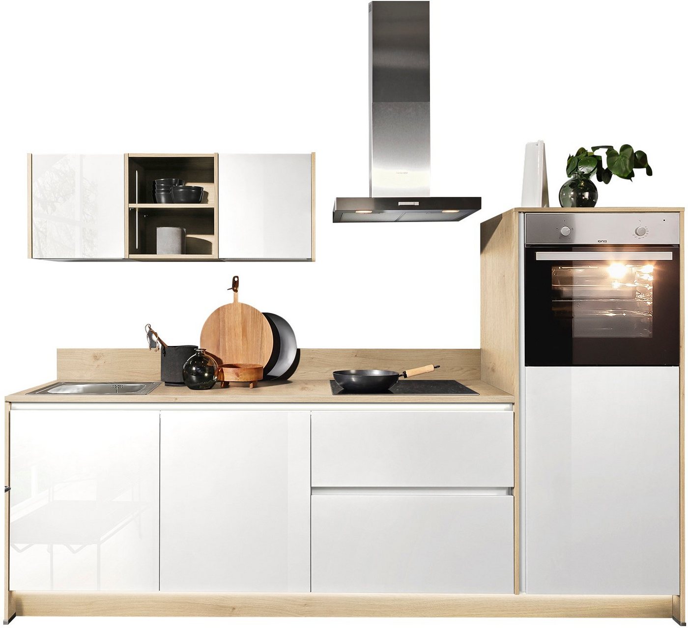 Kochstation Küchenzeile KS-Sakura, vormontiert, mit Vollauszügen und höhenverstellbaren Füßen, wahlweise mit E-Geräten und Beleuchtung, Breite 268 cm von Kochstation