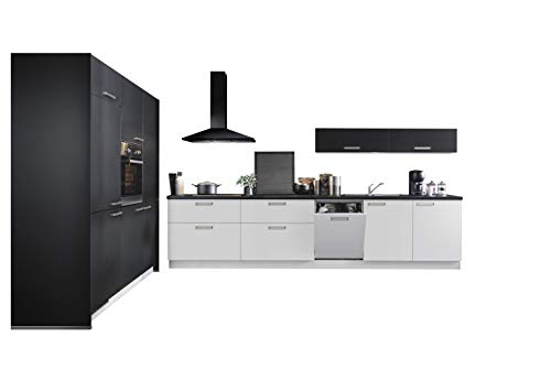Küchenblock Moon 180 x 360 cm in Lacklaminat Schwarz - Weiß matt, Arbeitsplatte schwarz steinstruktur, inkl. E-Geräte von Express Küchen