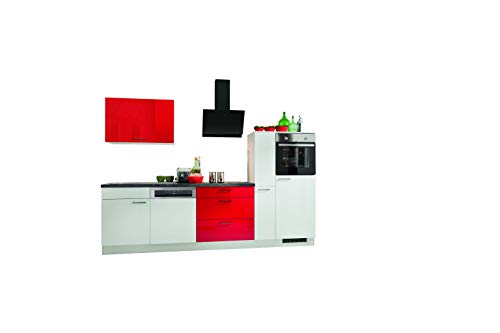 Küchenzeile Star 290 cm, Lacklaminat Weiß Hochglanz/ Lacklaminat Marsrot Hochglanz, Arbeitplatte betonfarben dunkel, inkl. E-Geräte von Express Küchen