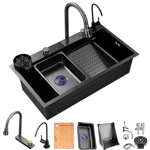 ExpressLeopard Küchenspüle Schwarz Grau Edelstahl Wasserfall Küchenspüle Einzelne Schüssel Küchenspüle Workstation Mit Mehrfachzubehör (Color : Black-Gray, S : 75x45x21cm) von ExpressLeopard