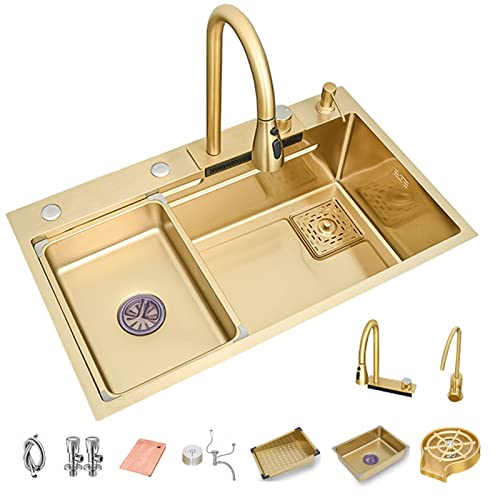 Gold Wasserfall Küchenspüle Edelstahl Einzelne Schüssel Küchenspüle Drop In Küchenspüle Mit Wasserhahn Combo Topmount Workstation Spüle Mit Zubehör (Color : Gold, S : 75x45cm) von ExpressLeopard