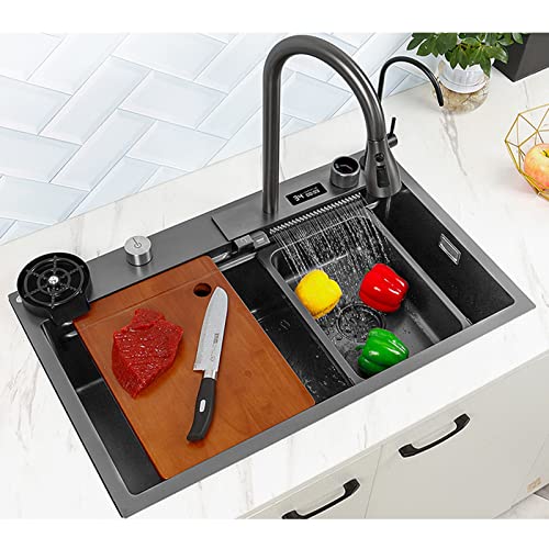 Küchenspüle, 304 Edelstahl Nano Raindance Wasserfall Waschbecken, Mit Ausziehhahn Einzelne Schüssel Große, Mit Abflusssieb Und Zubehör (S : 75x46cm) Küchenspüle, 304 Edelstahl Nano Raindance Wasserfall Waschbecken, Mit Ausziehhahn Einzelne Schüssel Große, Mit Abflusssieb Und Zubehör (S : 75x46cm) von ExpressLeopard
