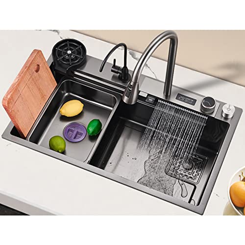 Küchenspüle, Edelstahl Nano Raindance Wasserfall-Spüle 304, Einzelne Schüssel Große Spülen, Edelstahl-Spüle 304 Mit Abflusssieb Und Zubehör (S : 80x46cm) von ExpressLeopard