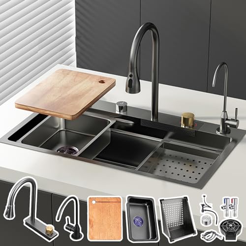 ExpressLeopard Küchenspüle Schwarz Grau Edelstahl Wasserfall Küchenspüle Einzelne Schüssel Küchenspüle Workstation Mit Mehrfachzubehör (Color : Black-Gray, S : 80x45x21cm) von ExpressLeopard