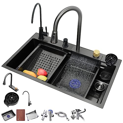 Küchenspüle Schwarz Grau Edelstahl Wasserfall Küchenspüle Einzelne Schüssel Küchenspüle Workstation Mit Pull Down Sprayhead Wasserhahn Mit Mehrfachzubehör ( Color : Black-Gray , S : 68x45x22cm ) von ExpressLeopard