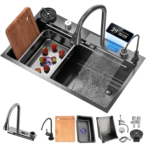 Wasserfall Küchenspüle, Einzelne Schüssel Edelstahl Schwarz Grau Spüle, Drop-In Küchenspüle Mit Multifunktionaler Digitalanzeige Fliegenregen Ausziehhahn ( Color : Black-Grey , S : 80x46cm ) von ExpressLeopard