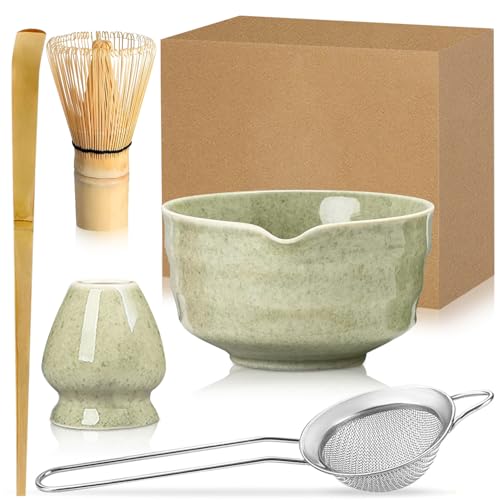 Duscdesp 5 Stück Matcha Set, Keramik Matcha Schale mit Ausgießer, Bambus Matcha Besen, Matcha Whisk, Schaufel, Sieb, Matcha Tee Set Ohne Pulver, Ceremonial Matcha Starter Set (Matcha Grün) von Exquilnova