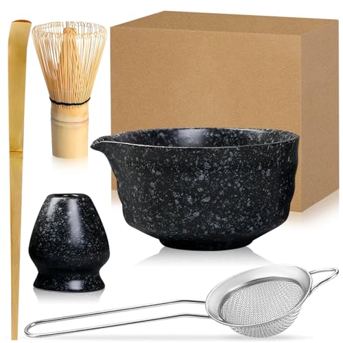 Duscdesp 5 Stück Matcha Set, Keramik Matcha Schale mit Ausgießer, Bambus Matcha Besen, Matcha Whisk, Schaufel, Sieb, Matcha Tee Set Ohne Pulver, Ceremonial Matcha Starter Set (Schwarz Weiß Punkten) Duscdesp 5 Stück Matcha Set, Keramik Matcha Schale mit Ausgießer, Bambus Matcha Besen, Matcha Whisk, Schaufel, Sieb, Matcha Tee Set Ohne Pulver, Ceremonial Matcha Starter Set (Schwarz Weiß Punkten) von Exquilnova