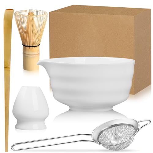 Duscdesp 5 Stück Matcha Set, Keramik Matcha Schale mit Ausgießer, Bambus Matcha Besen, Matcha Whisk, Schaufel, Sieb, Matcha Tee Set Ohne Pulver, Ceremonial Matcha Starter Set (Weiß) von Exquilnova