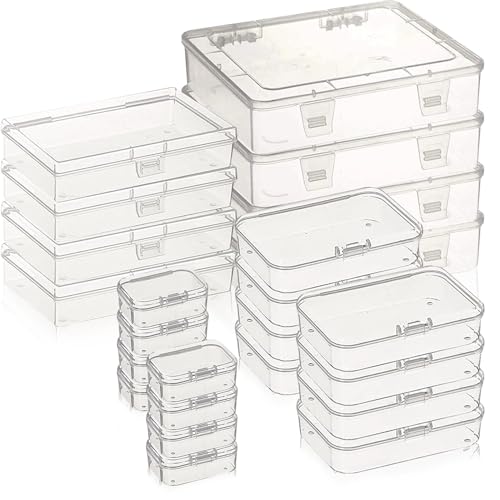 Exquilnova 24 Stück Kunststoffbox mit Deckel in 4 Größen, Transparent Rechteckige Durchsichtige Aufbewahrungsbox mit Klappdeckel für Kunstbedarf, Kleine Gegenstände und Andere Bastelprojekte von Exquilnova
