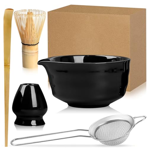 Exquilnova Duscdesp 5 Stück Matcha Set, Keramik Matcha Schale mit Ausgießer, Bambus Matcha Besen, Matcha Whisk, Schaufel, Sieb, Matcha Tee Set Ohne Pulver, Ceremonial Matcha Starter Set (Schwarz) von Exquilnova