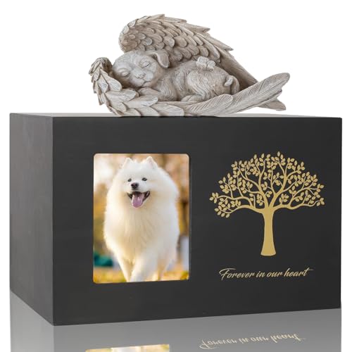 Exquilnova Tierurnen für Hunde, Holz Schwarz Urne Hund, Hunde Urne mit Hund Engel und Fotorahmen, Gedenkbox für Asche Katze und Andere Haustiere – zur ewigen Erinnerung (Hundeengel) von Exquilnova