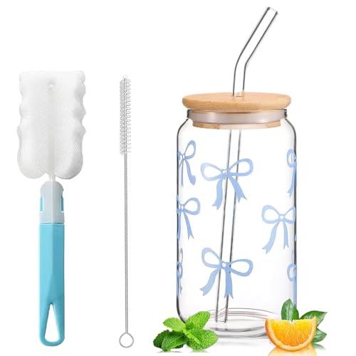Exquilnova Trinkglas mit Strohhalm und Deckel, Bubble Tea Becher mit Glas Strohhalm, 16 oz Iced Coffee, Matcha Glas mit Bow Design, Cola Gläser für Eiskaffee, Cocktail (Blaue Schleife) von Exquilnova