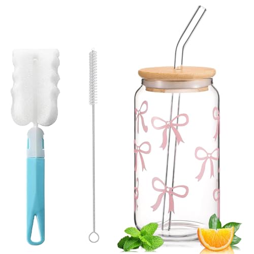 Exquilnova Trinkglas mit Strohhalm und Deckel, Bubble Tea Becher mit Glas Strohhalm, 16 oz Iced Coffee, Matcha Glas mit Bow Design, Cola Gläser für Eiskaffee, Cocktail (Rosa Schleife) von Exquilnova