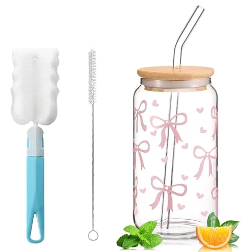 Exquilnova Trinkglas mit Strohhalm und Deckel, Bubble Tea Becher mit Glas Strohhalm, 16 oz Iced Coffee, Matcha Glas mit Bow Design, Cola Gläser für Eiskaffee, Cocktail (Schmetterling gscherzdruck) von Exquilnova