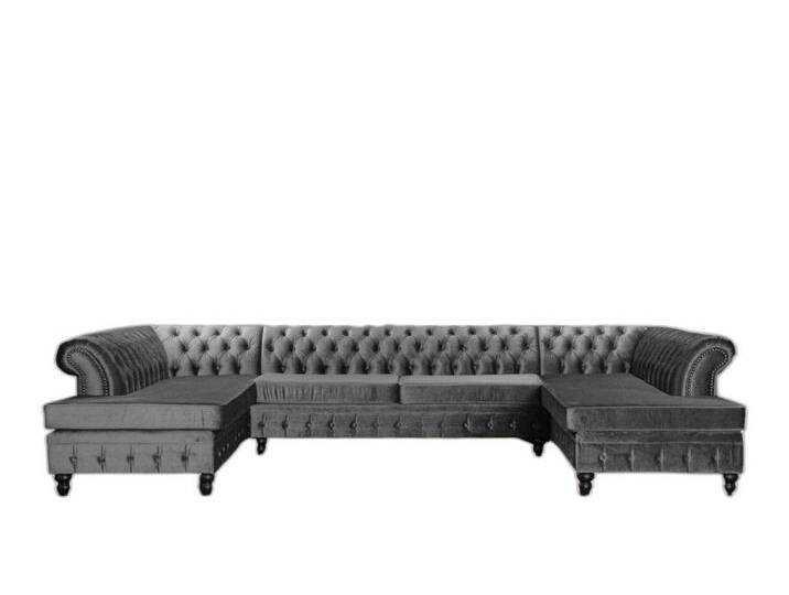 Xlmoebel Ecksofa Chesterfield Dreisitzer Exquisit Wohnraum Einrichtung Neu Stoff, Hergestellt in Europa, grau, Ottomane Links - vor dem Sofa stehend von Exquisit